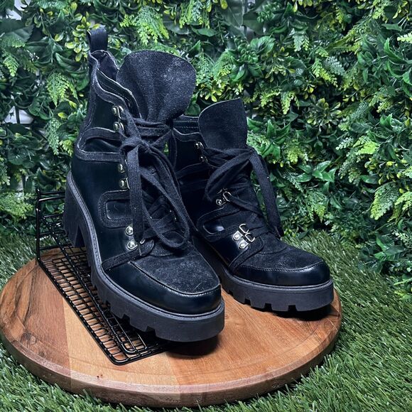 ZARA Boots Women 9 US 40 EU Black Moto Combat‎ Chunky Heel Lace Up Ankle 2111 - Picture 10 of 14